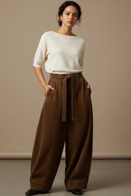 Pantalon Japonais Marron Velours Côtelé Ample Taille Haute - Cordé