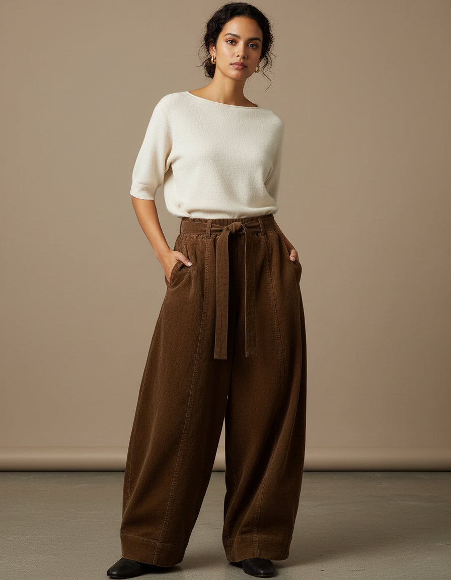 Pantalon Japonais Marron Velours Côtelé Ample Taille Haute - Cordé