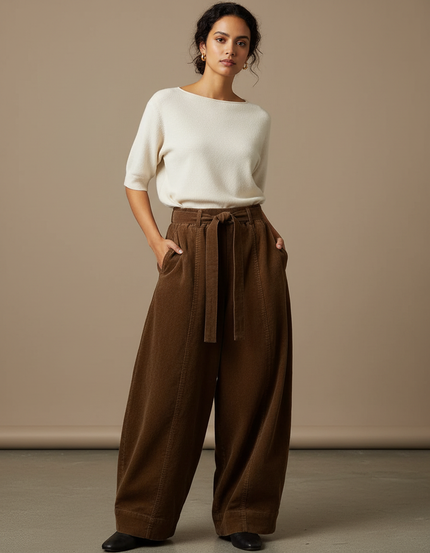 Pantalon Japonais Marron Velours Côtelé Ample Taille Haute - Cordé