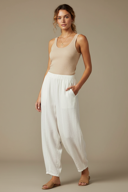 Pantalon Japonais Blanc Ample Lin Décontracté Fluide