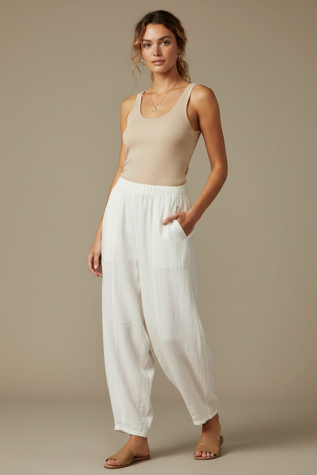 Pantalon Japonais Blanc Ample Lin Décontracté Fluide