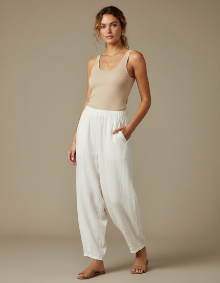 Pantalon Japonais Blanc Ample Lin Décontracté Fluide