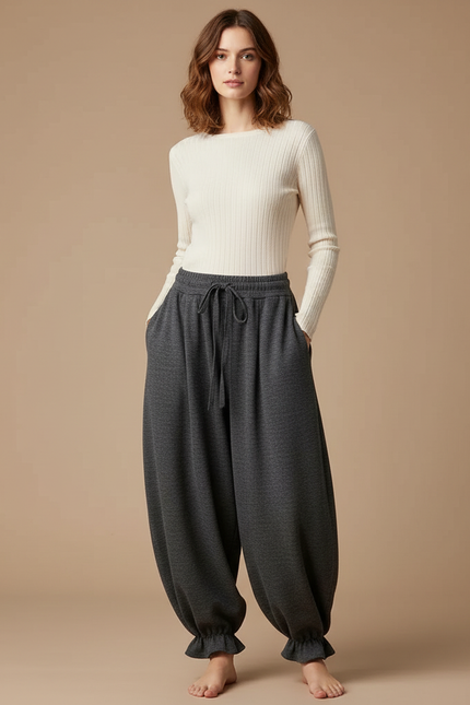 Pantalon Japonais Gris Ample Volants Cordon Décontracté - Molleton