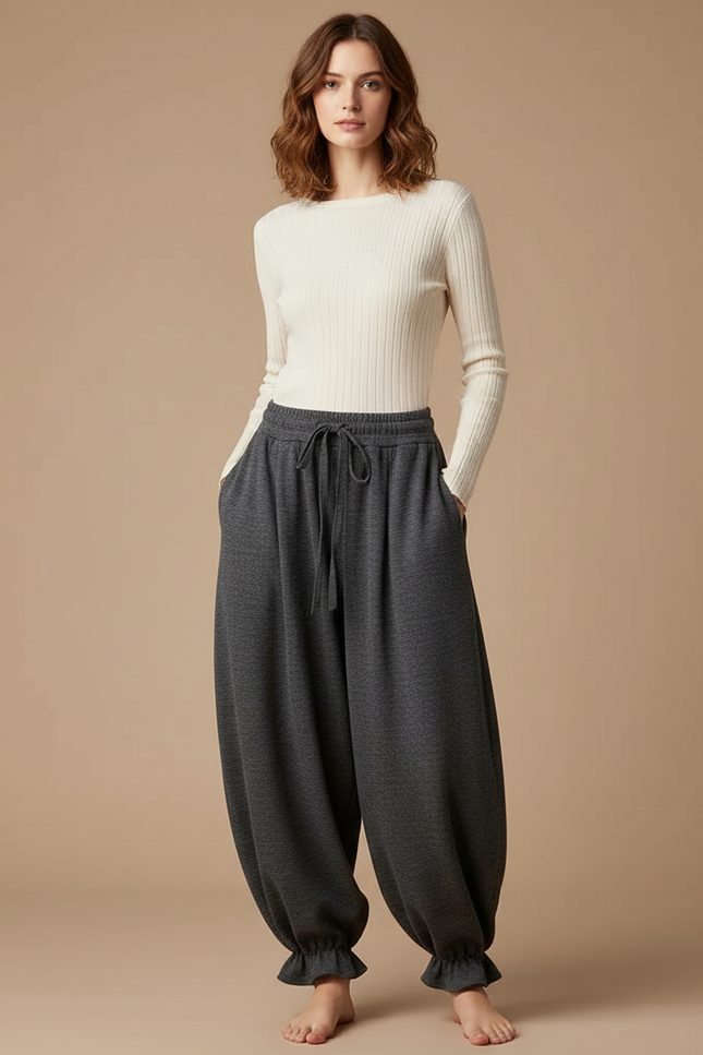 Pantalon Japonais Gris Ample Volants Cordon Décontracté - Molleton