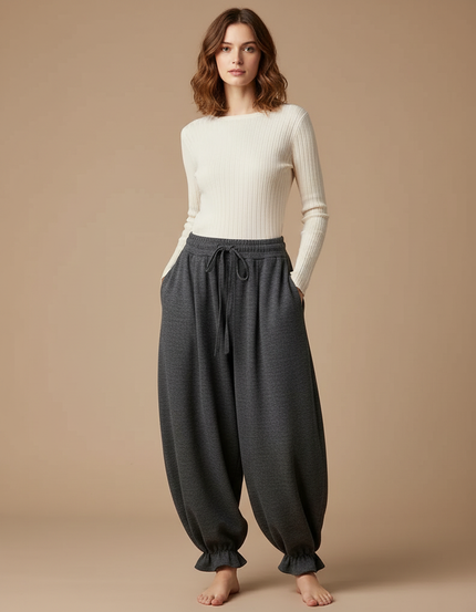 Pantalon Japonais Gris Ample Volants Cordon Décontracté - Molleton