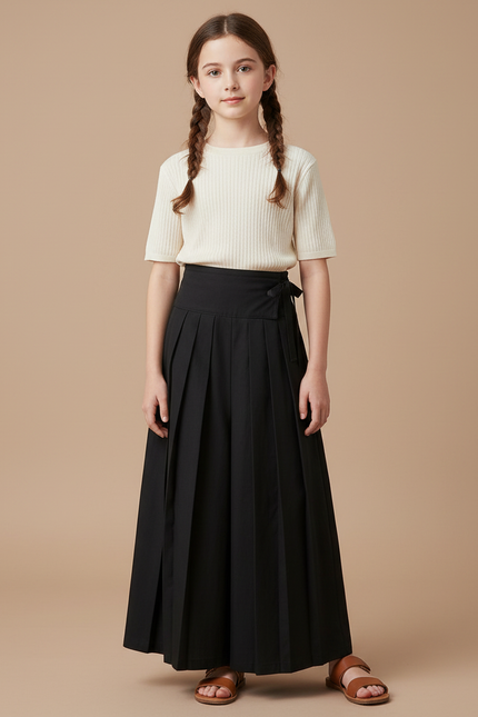 Pantalon Japonais Plissé Noir Ample Fille Ceinturé - Polyester