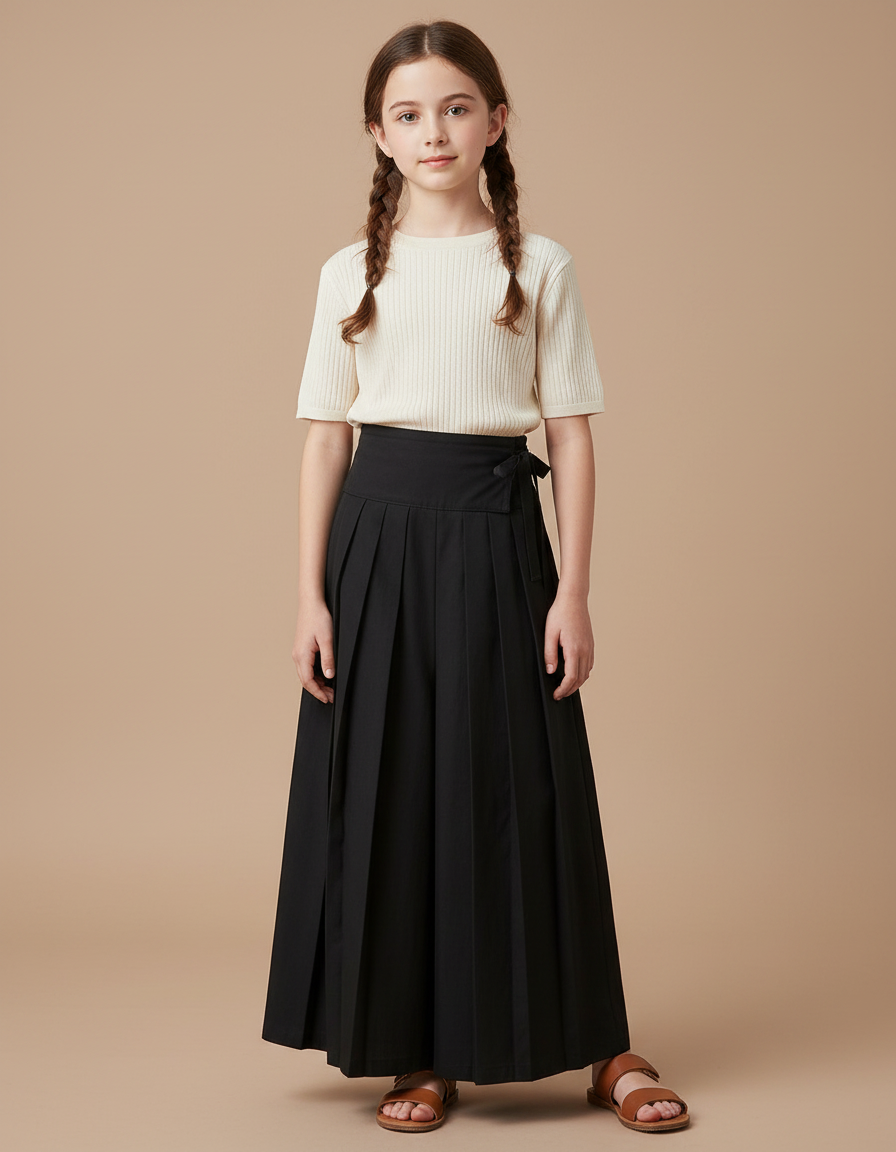 Pantalon Japonais Plissé Noir Ample Fille Ceinturé - Polyester