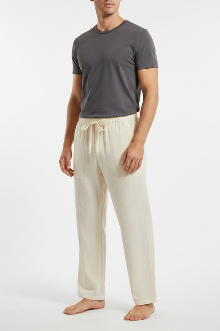 Pantalon Japonais Crème Lin Coton Ample Cordon - Beige