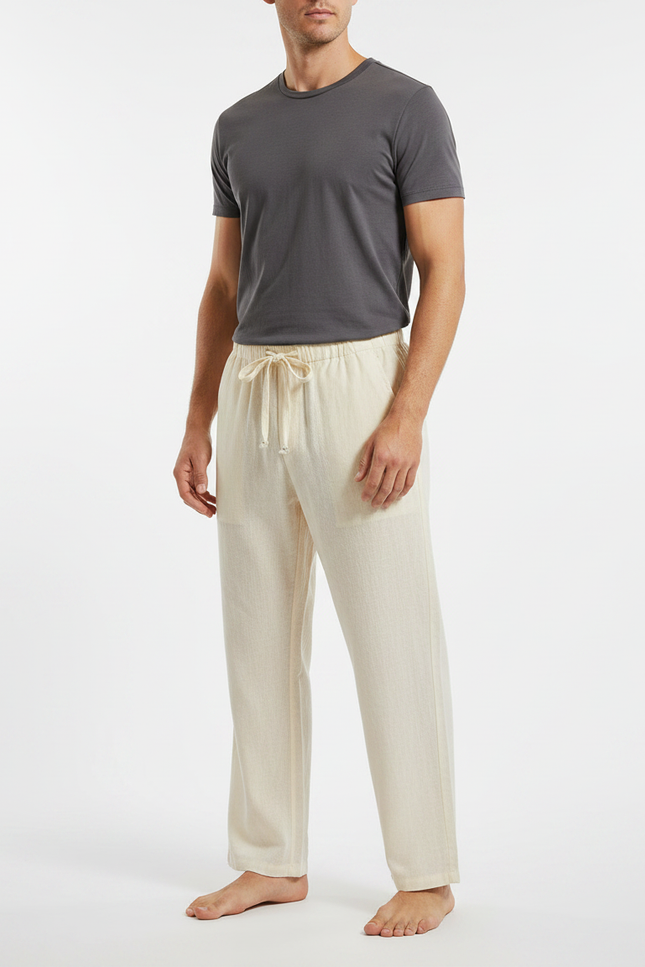 Pantalon Japonais Crème Lin Coton Ample Cordon - Beige