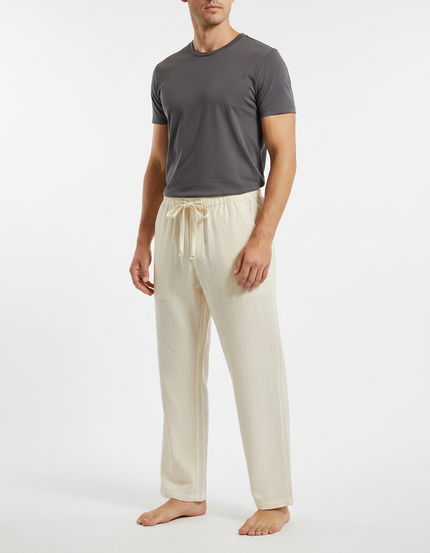 Pantalon Japonais Crème Lin Coton Ample Cordon - Beige