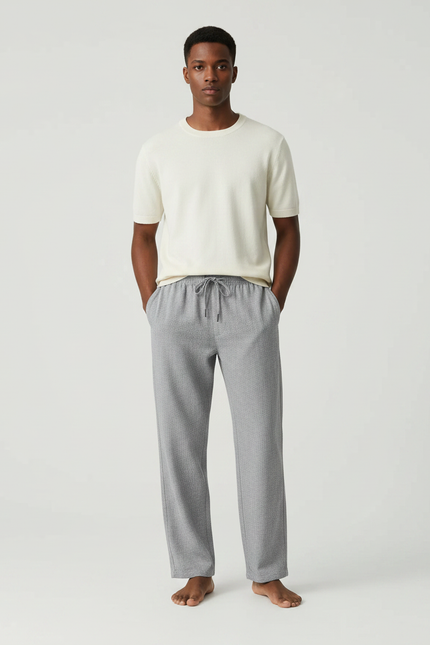 Pantalon Japonais Gris Ample Cordon Tissé Décontracté - Maille