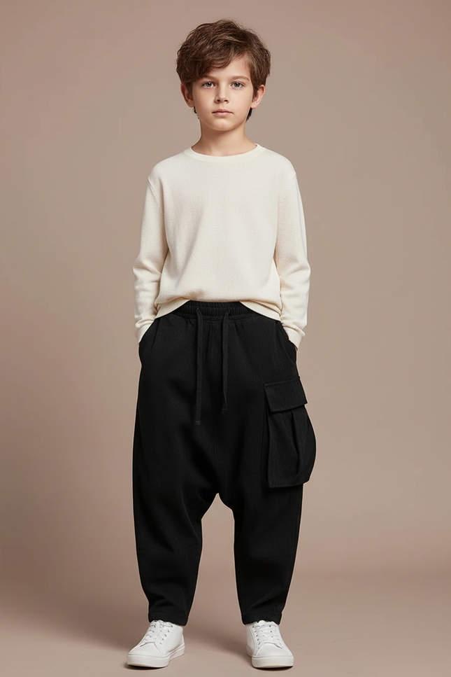 Pantalon Japonais Noir Ample Côtelé Cargo Garçon - Cordé