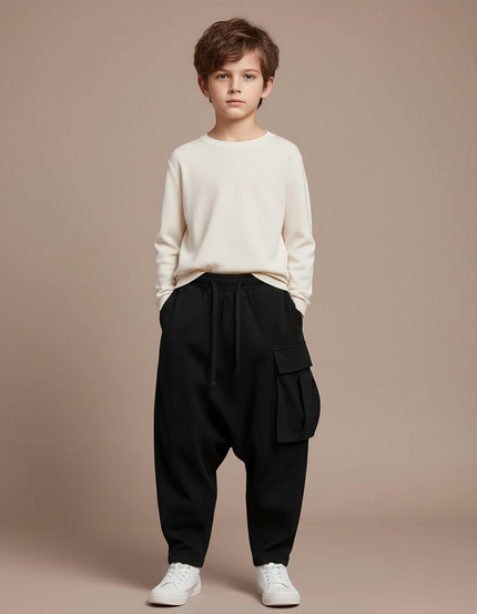 Pantalon Japonais Noir Ample Côtelé Cargo Garçon - Cordé