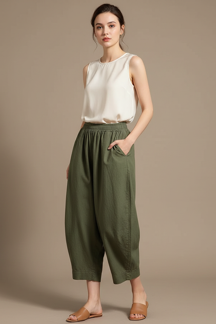 Pantalon Japonais Vert Ample Décontracté Fluide - Kaki Lin