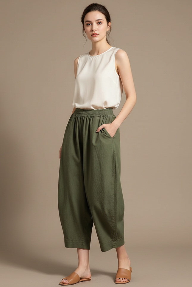 Pantalon Japonais Vert Ample Décontracté Fluide - Kaki Lin
