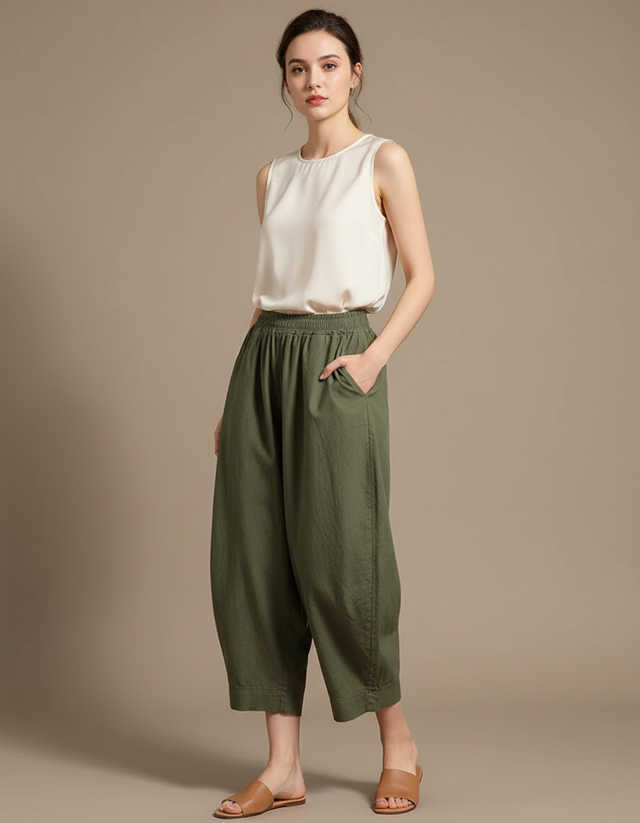 Pantalon Japonais Vert Ample Décontracté Fluide - Kaki Lin