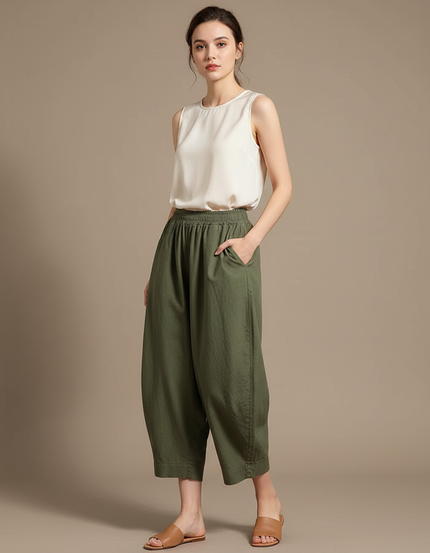 Pantalon Japonais Vert Ample Décontracté Fluide - Kaki Lin