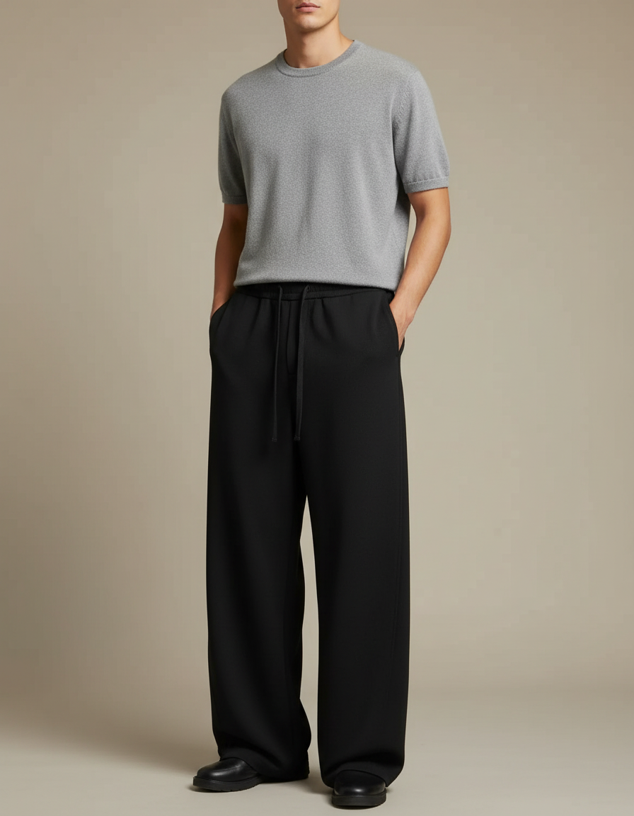 Pantalon Japonais Noir Ample Fluide Cordon Homme - Polyester
