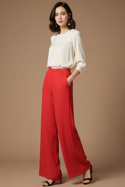 Pantalon Japonais Rouge Fluide Ample Élégant - Polyester