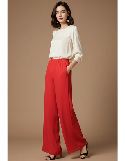 Pantalon Japonais Rouge Fluide Ample Élégant - Polyester