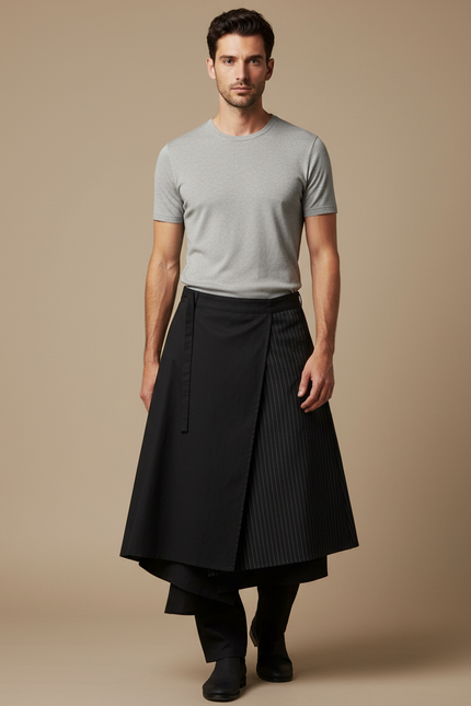 Pantalon Japonais Noir Superposé Rayé Ample Moderne - Gabardine