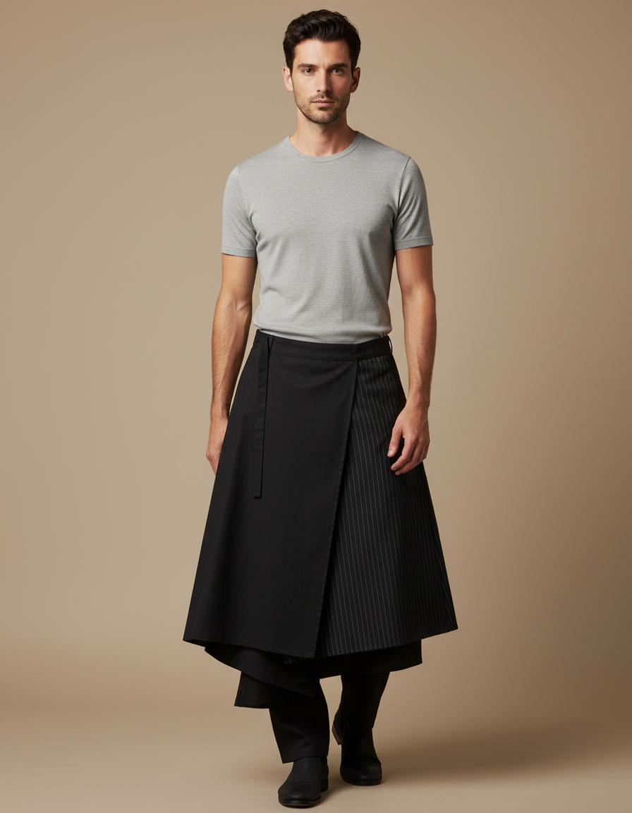 Pantalon Japonais Noir Superposé Rayé Ample Moderne - Gabardine