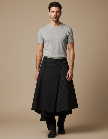 Pantalon Japonais Noir Superposé Rayé Ample Moderne - Gabardine
