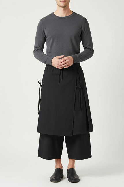Pantalon Japonais Noir Superposé Ample Asymétrique Moderne - Gabardine