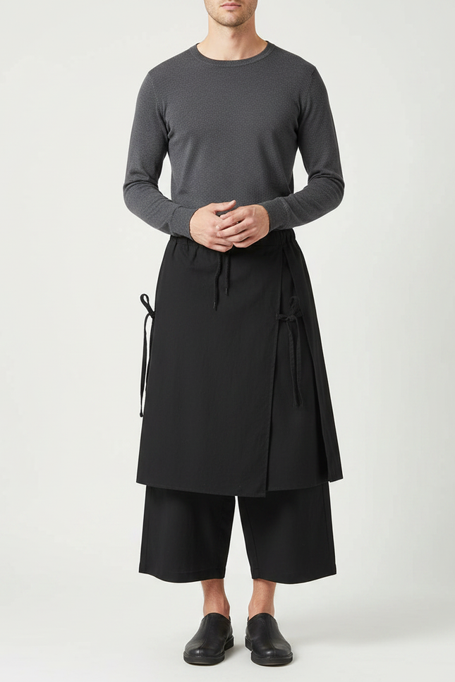 Pantalon Japonais Noir Superposé Ample Asymétrique Moderne - Gabardine