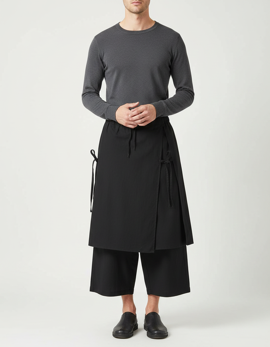 Pantalon Japonais Noir Superposé Ample Asymétrique Moderne - Gabardine