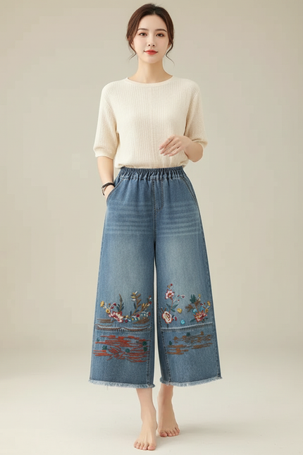 Pantalon Japonais Denim Brodé Fleuri Ample Décontracté - Bleu Jean
