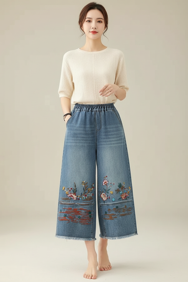 Pantalon Japonais Denim Brodé Fleuri Ample Décontracté - Bleu Jean