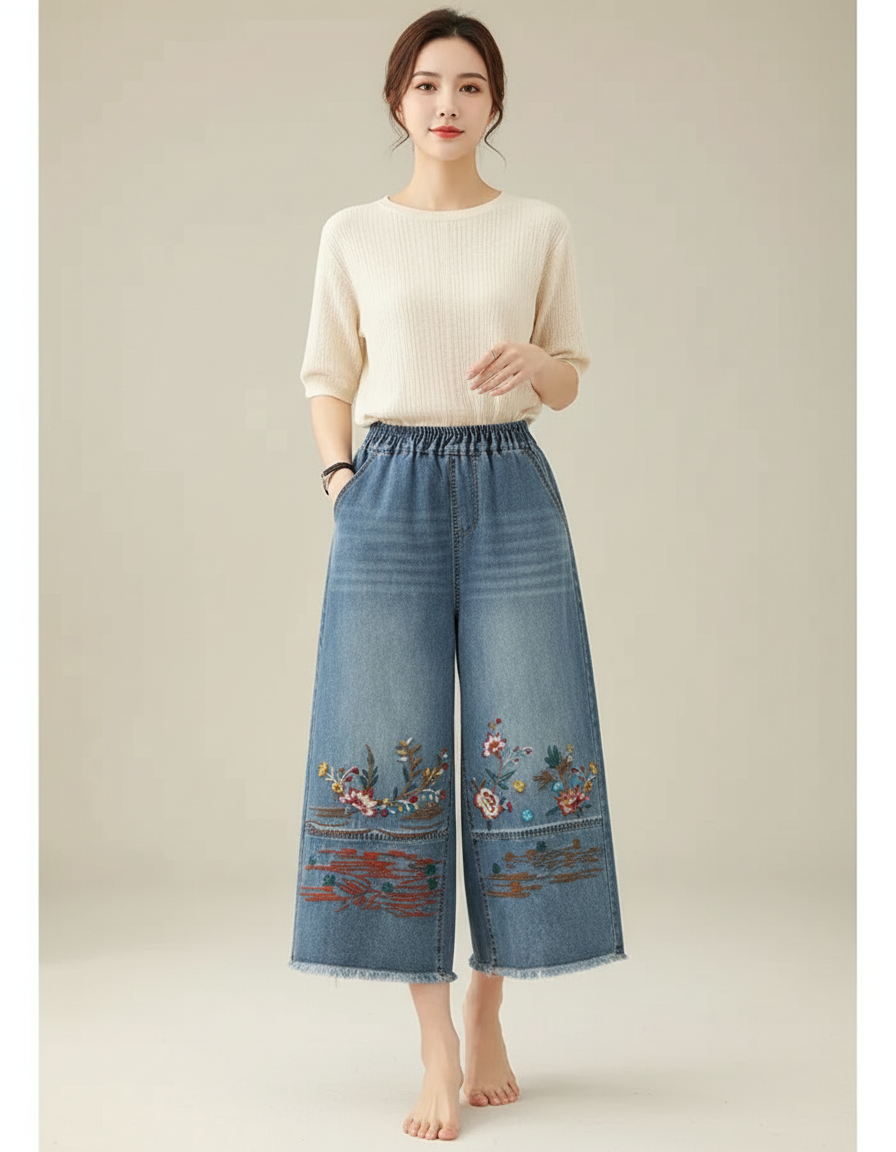 Pantalon Japonais Denim Brodé Fleuri Ample Décontracté - Bleu Jean