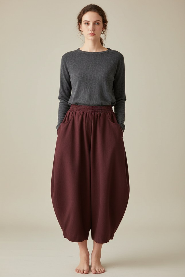 Pantalon Japonais Harem Bordeaux Coton Ample Décontracté