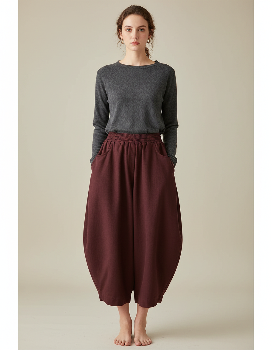 Pantalon Japonais Harem Bordeaux Coton Ample Décontracté