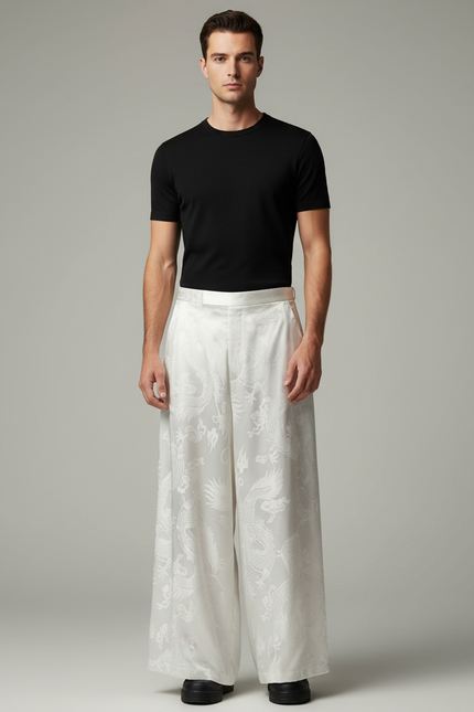 Pantalon Japonais Blanc Jacquard Dragon Ample Homme Élégant - Soie