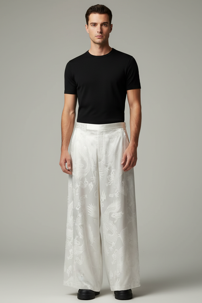 Pantalon Japonais Blanc Jacquard Dragon Ample Homme Élégant - Soie