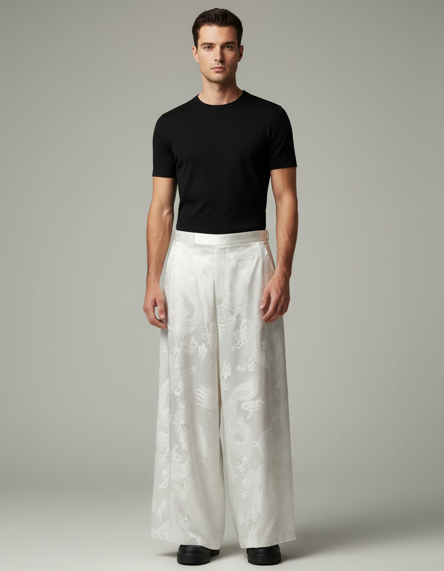 Pantalon Japonais Blanc Jacquard Dragon Ample Homme Élégant - Soie