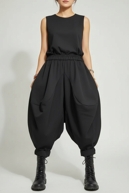 Pantalon Japonais Noir Ample Harem Décontracté Fluide - Polyester