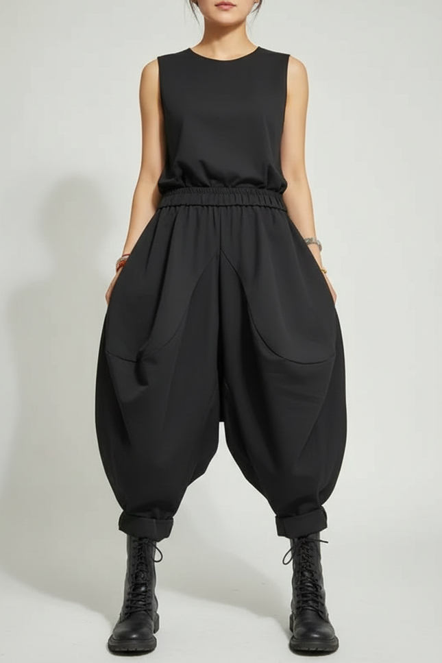 Pantalon Japonais Noir Ample Harem Décontracté Fluide - Polyester
