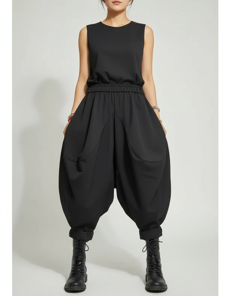 Pantalon Japonais Noir Ample Harem Décontracté Fluide - Polyester