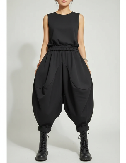 Pantalon Japonais Noir Ample Harem Décontracté Fluide - Polyester