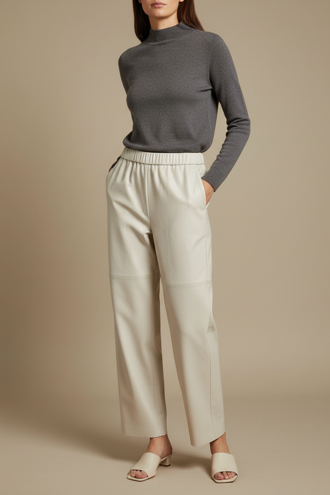 Pantalon Japonais Crème Cuir Ample Taille Élastique Femme - Beige