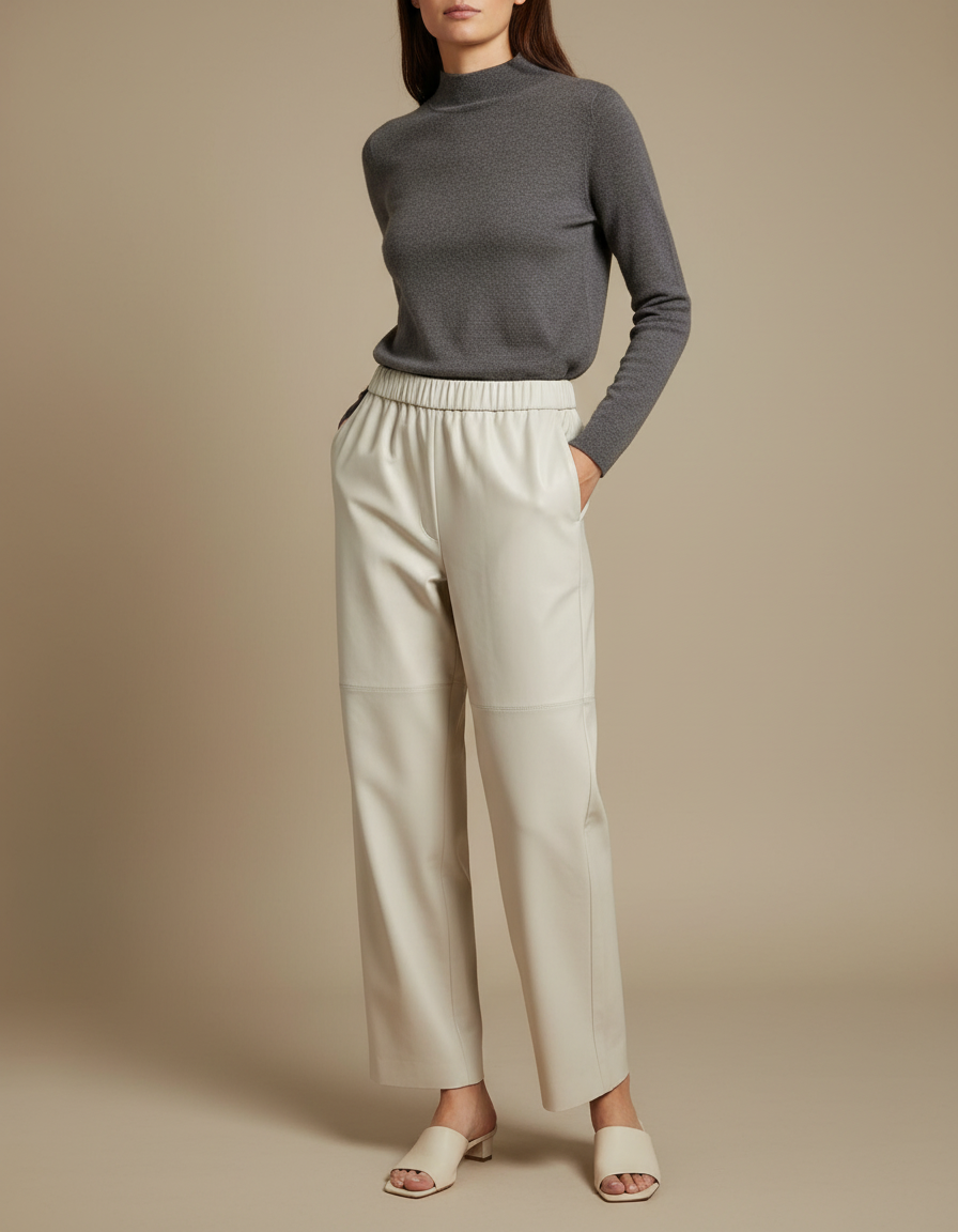 Pantalon Japonais Crème Cuir Ample Taille Élastique Femme - Beige