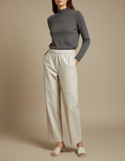 Pantalon Japonais Crème Cuir Ample Taille Élastique Femme - Beige