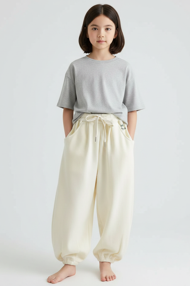 Pantalon Japonais Crème Ample Molletonné Cordon Enfant - Beige