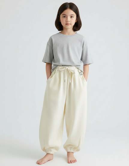 Pantalon Japonais Crème Ample Molletonné Cordon Enfant - Beige