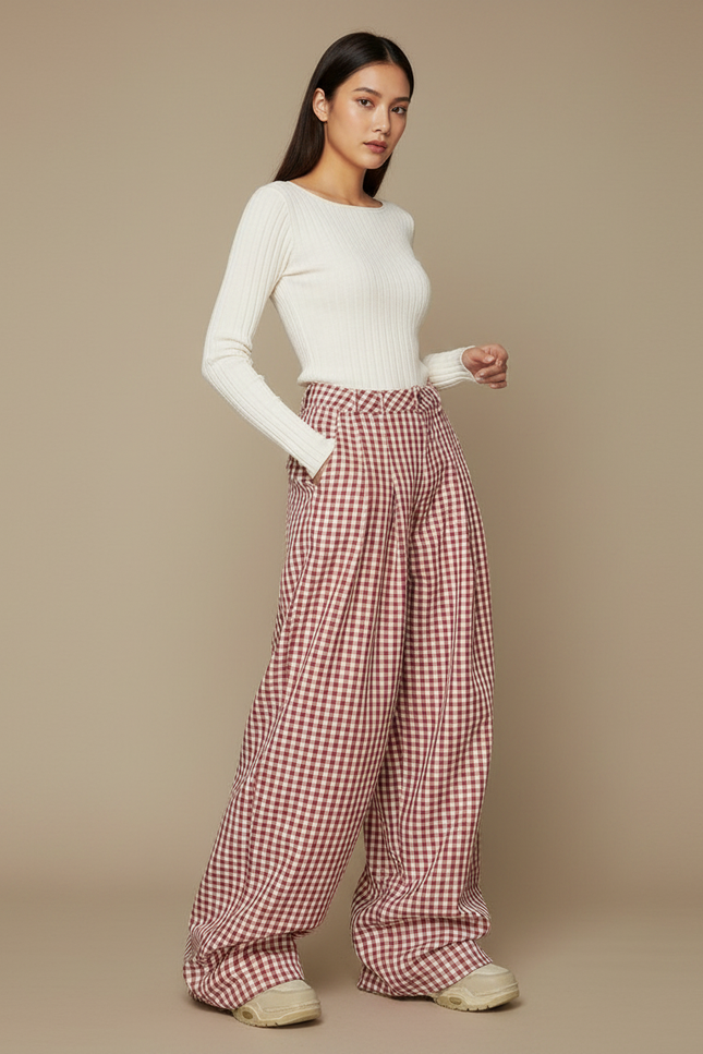 Pantalon Japonais Carreaux Rouges Ample Streetwear Y2K - Bordeaux Coton