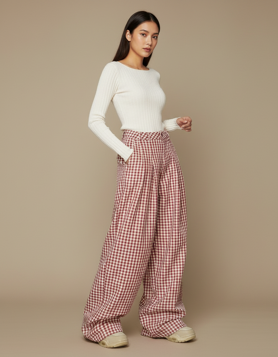 Pantalon Japonais Carreaux Rouges Ample Streetwear Y2K - Bordeaux Coton