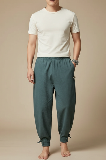 Pantalon Japonais Vert Ample Coton Chevilles Nouées Homme